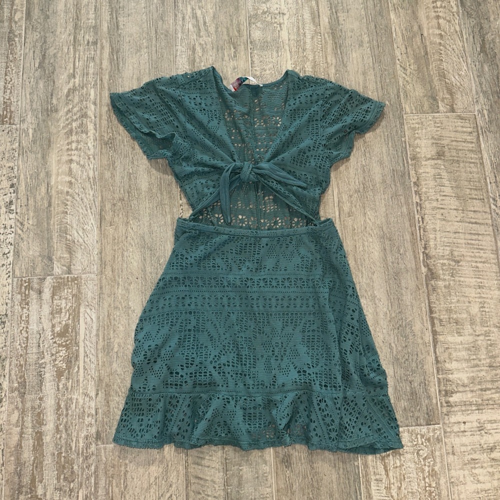 Free People FP Beach Teal Green Pointelle Tie Front Cutout Mini Dress Small